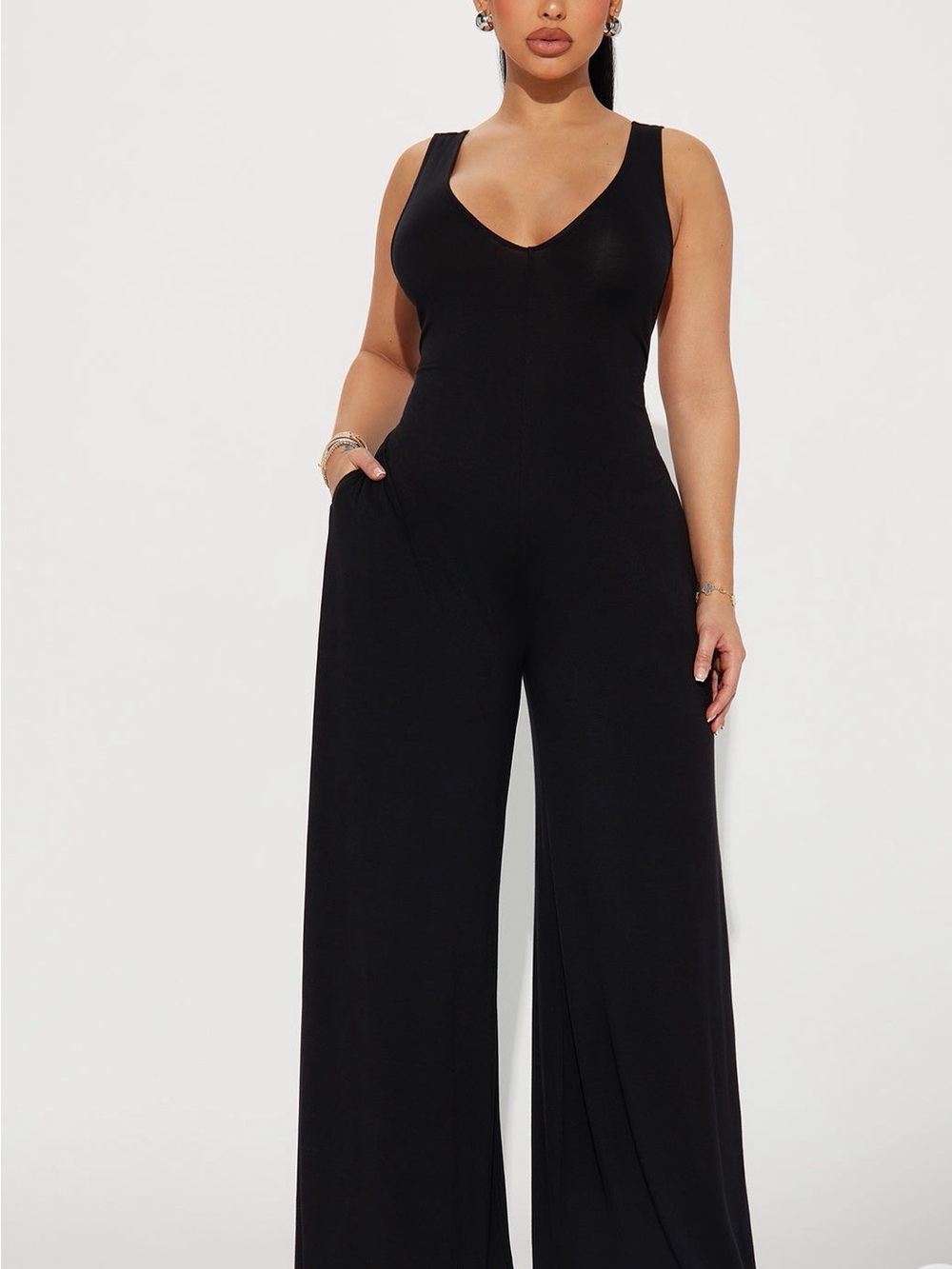 Fashion Nova Black V-Neck Wide-Leg Jumpsuit